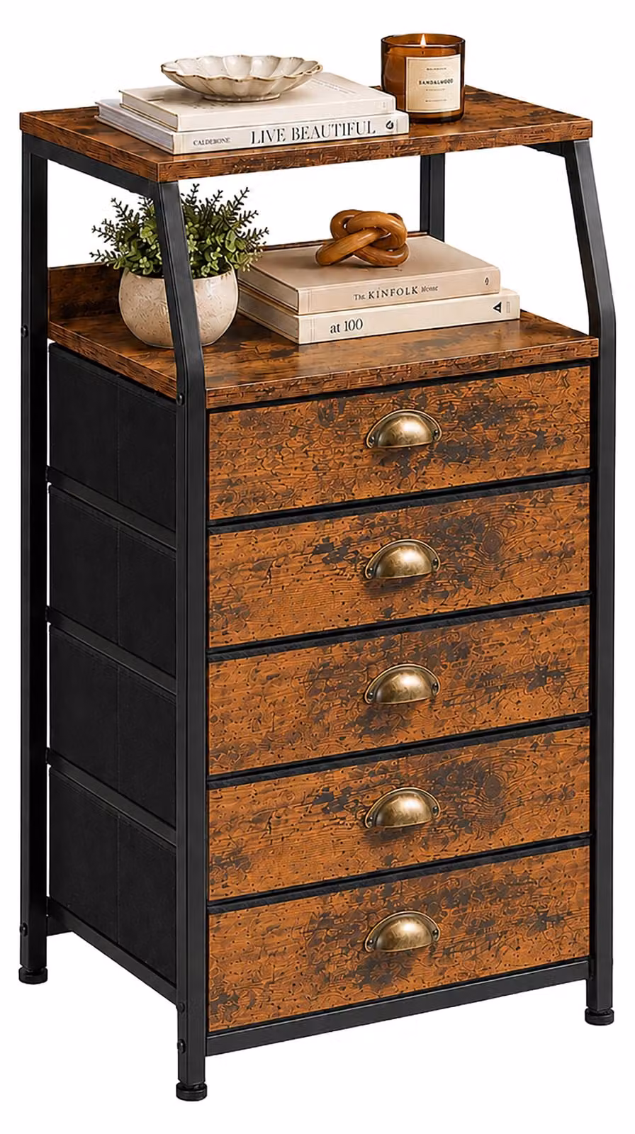 Comodino Relaxdays, dimensioni: 110x40x29 cm, 5 cassetti in tessuto, metallo, MDF, ideale per ingresso o camera da letto, comodino in tessuto, colore marrone/nero