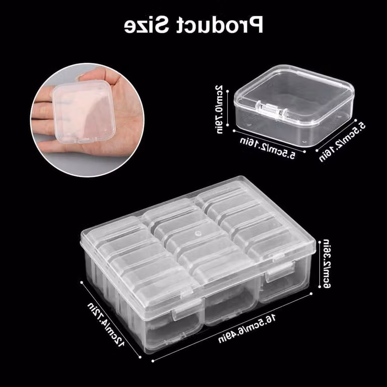 16 piccole scatole di plastica per riporre oggetti, 15 mini scatole trasparenti (5,5 x 5,5 x 2 cm), 1 grande scatola per riporre oggetti con coperchio a cerniera, ideale per