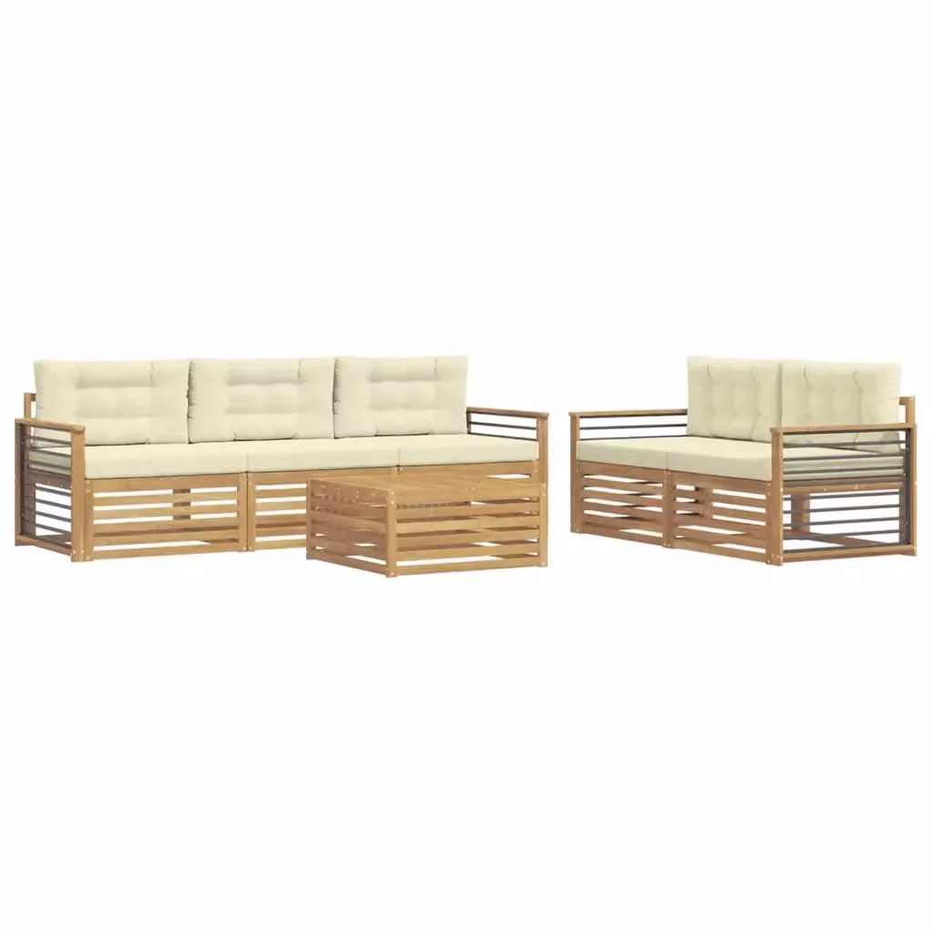 Set di divani da esterno a L con tavolo da caffè vidaXL in legno di acacia, 6 pezzi, Bianco e Beige – 2
