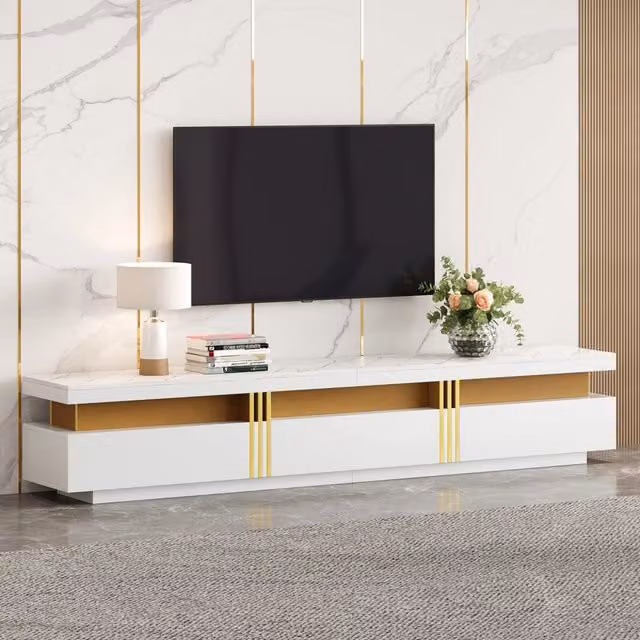 Mobile porta TV moderno OKWISH in legno bianco con piano effetto marmo, 3 cassetti e passacavi per il tuo soggiorno, L 200 cm x P 40 cm x H 42 cm