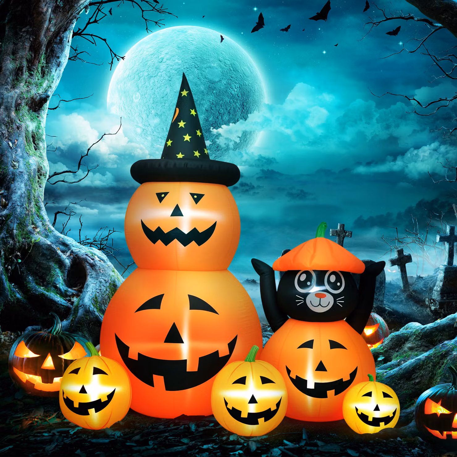 Decorazione gonfiabile di Halloween Outsunny con zucca e gatto, luci LED IP44 e gonfiatore, Arancione, L 100 cm x P 160 cm x H 180 cm – 2