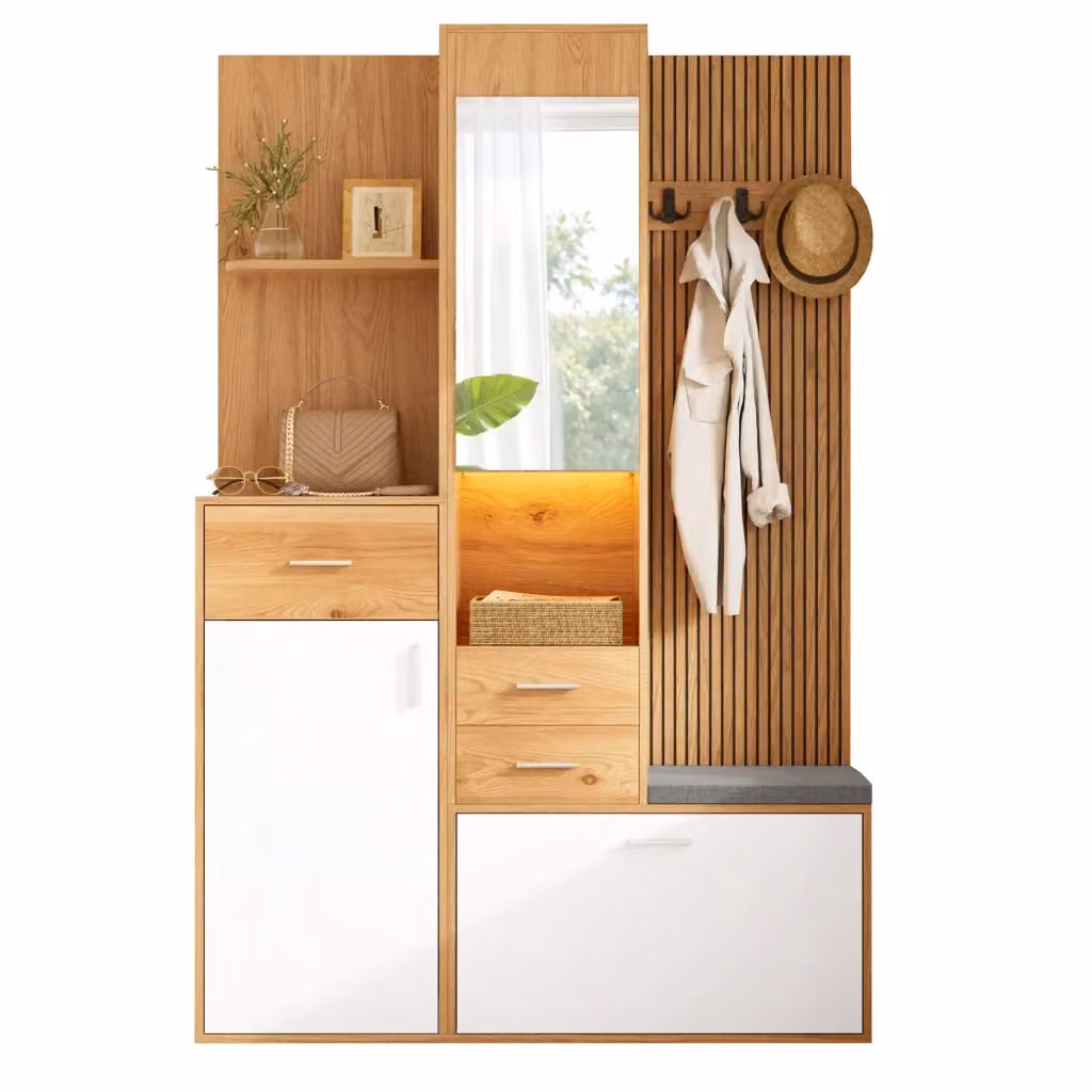 Guardaroba da ingresso multifunzione Chicfurn con specchio, panca e illuminazione LED con app, colore bianco, L: 120 cm, P: 32 cm, H: 178 cm – 2