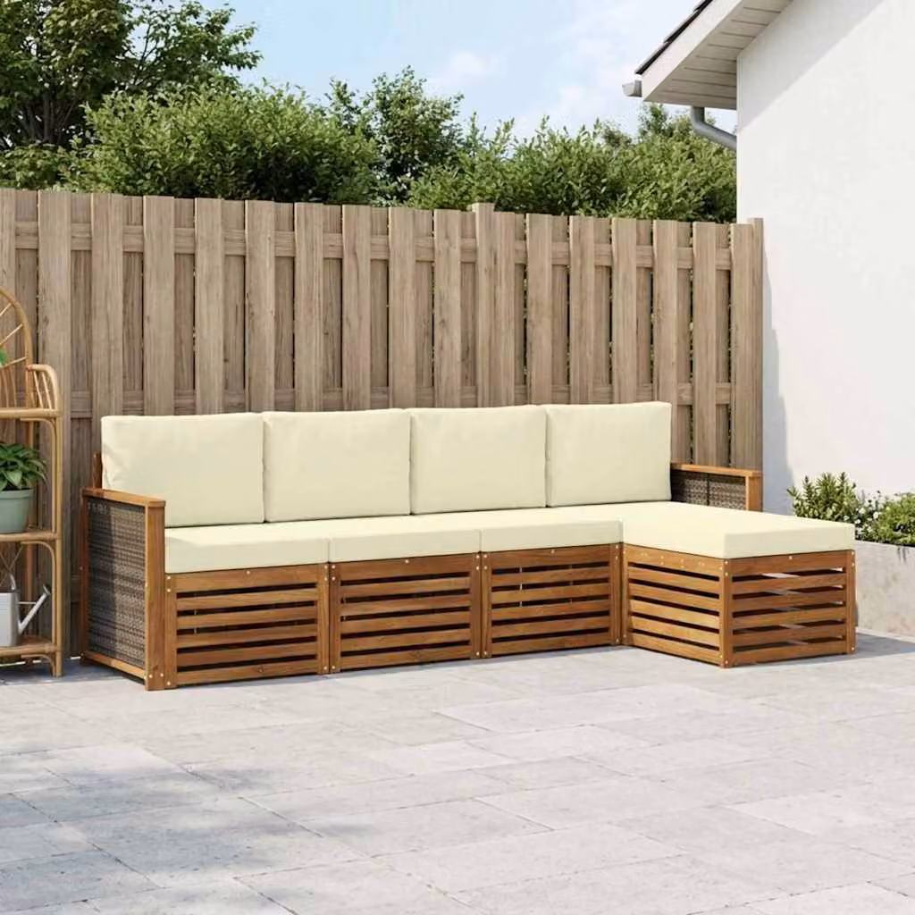 Set di divani da esterno vidaXL a forma di L composto da 5 pezzi in legno di acacia con cuscini, colore beige e marrone