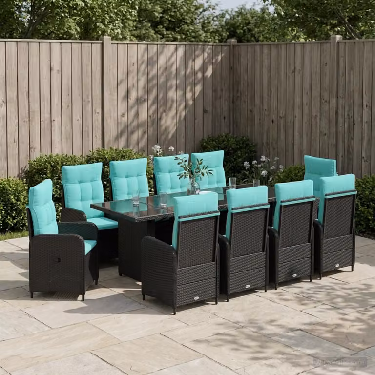Set da pranzo per esterni vidaXL in polyrattan da 11 pezzi, colore nero e turchese con tavolo in legno di acacia