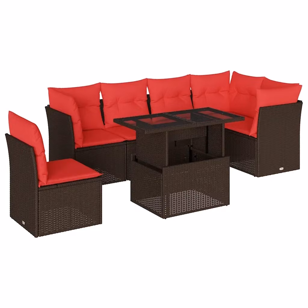 Set da giardino vidaXL composto da 7 pezzi con divani a L, tavolino da caffè e cuscini marroni in polyrattan e metallo – 2