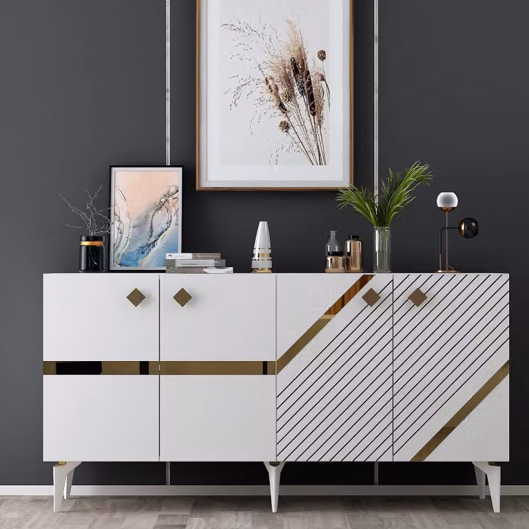 Skye Decor, Iris - Bianco, Oro, Consolle, Bianco, 100% PANNELLI DI PARTICELLE RIVESTITI IN MELAMMINA, 150 x 79 x 40 cm