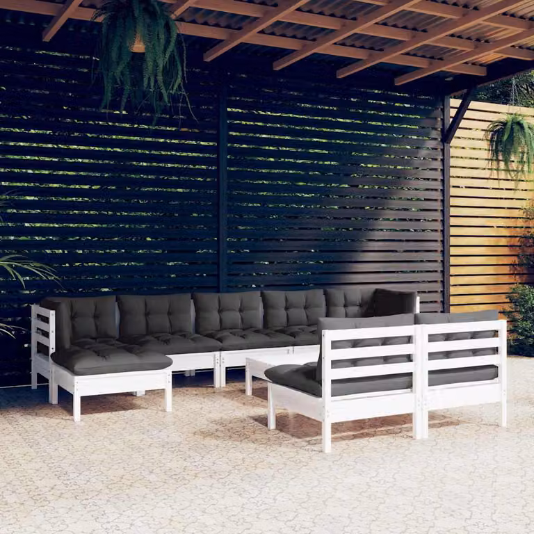 Set di divani da giardino vidaXL in legno di pino con cuscini bianchi e antracite, composizione a L con elementi angolari e pouf, stile moderno