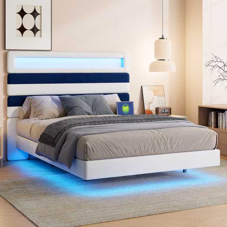 Letto imbottito Fortuna Lai 140x190 cm, letto galleggiante con LED, USB, testata regolabile, velluto, letto matrimoniale beige/blu