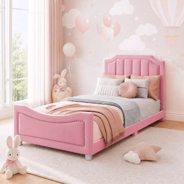 Letto per bambini 90x200 cm con struttura imbottita in flanella rosa, multifunzionale con schienale e braccioli