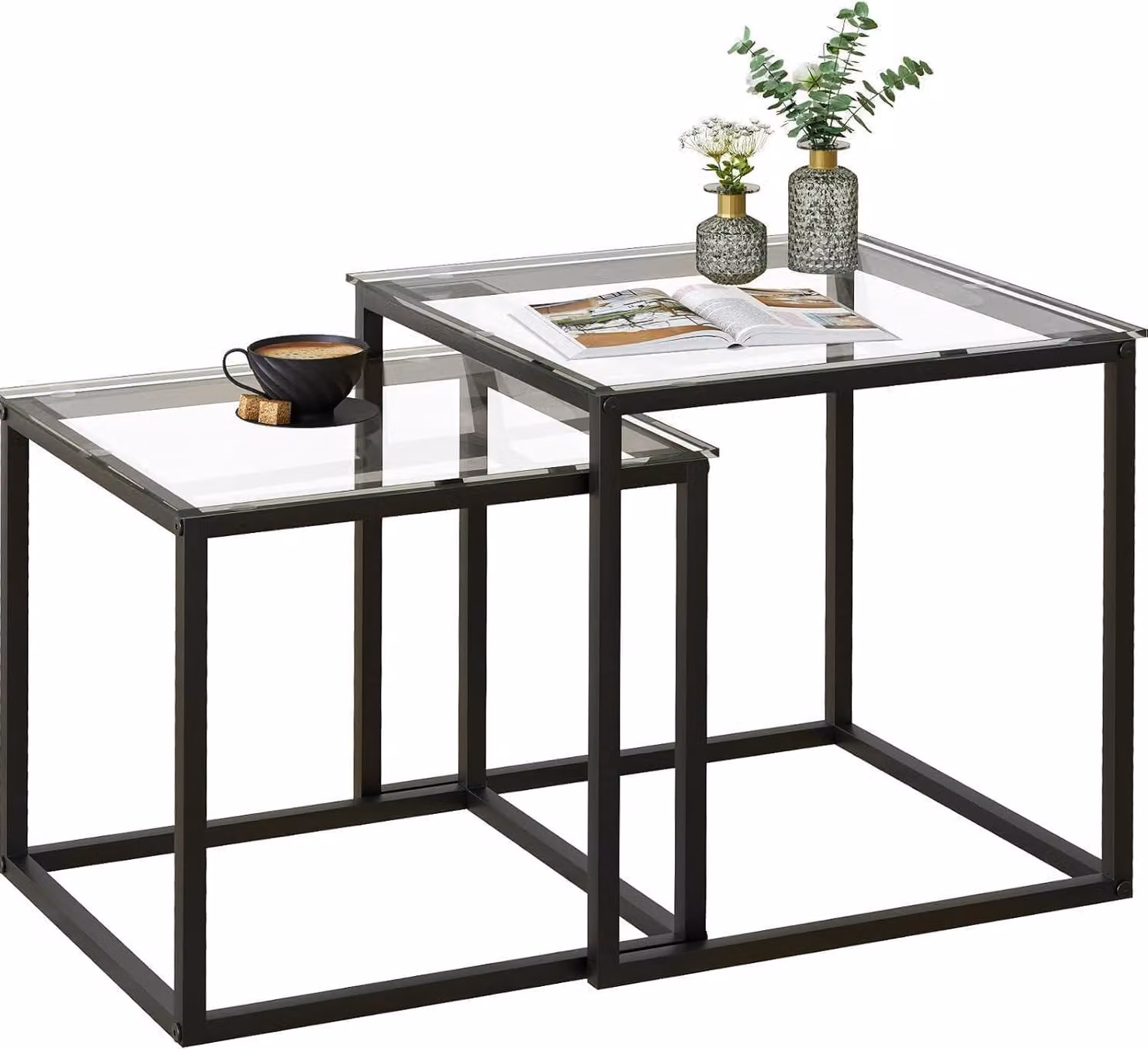 Set di 2 tavolini quadrati moderni in vetro nero 50/45 cm