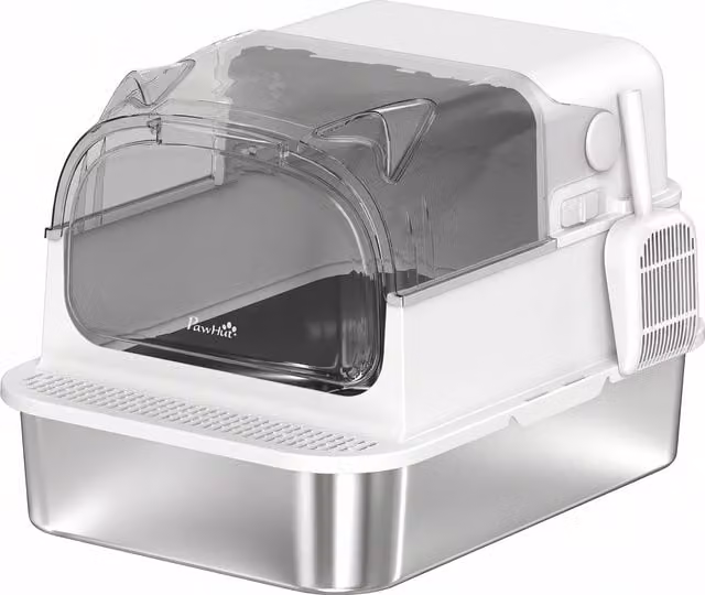 PawHut 3 in 1 Lettiera Gatto Chiusa XL 90L in Acciaio Inox con Coperchio Rimovibile, Paletta, Pareti Alte, Bianco   Aosom Italy