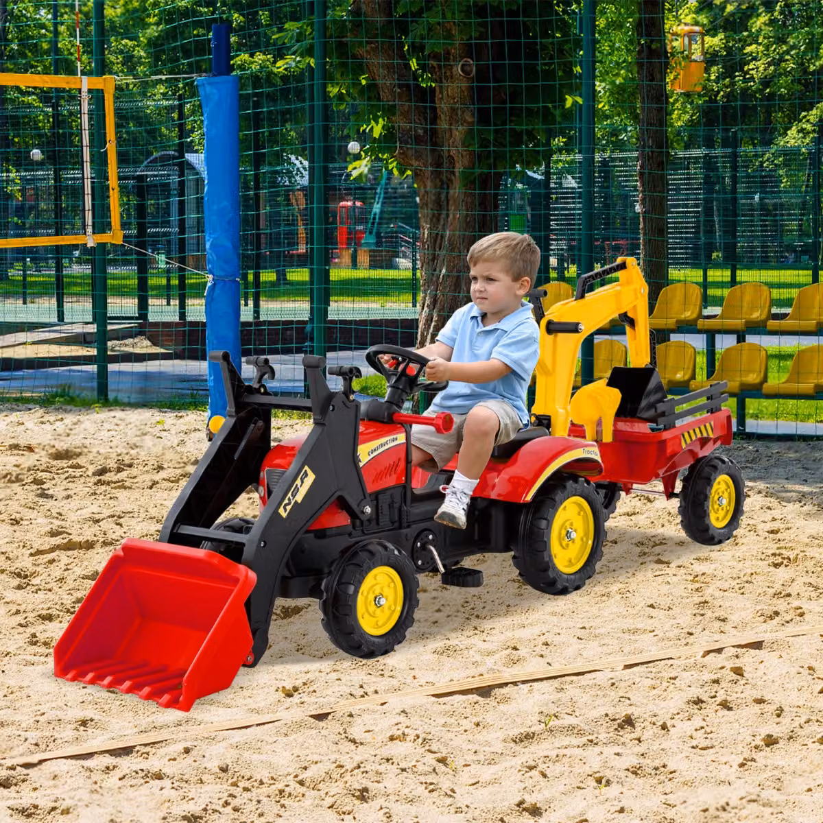 Escavatore a pedali Costway per bambini con rimorchio staccabile e 2 benne, colore rosso