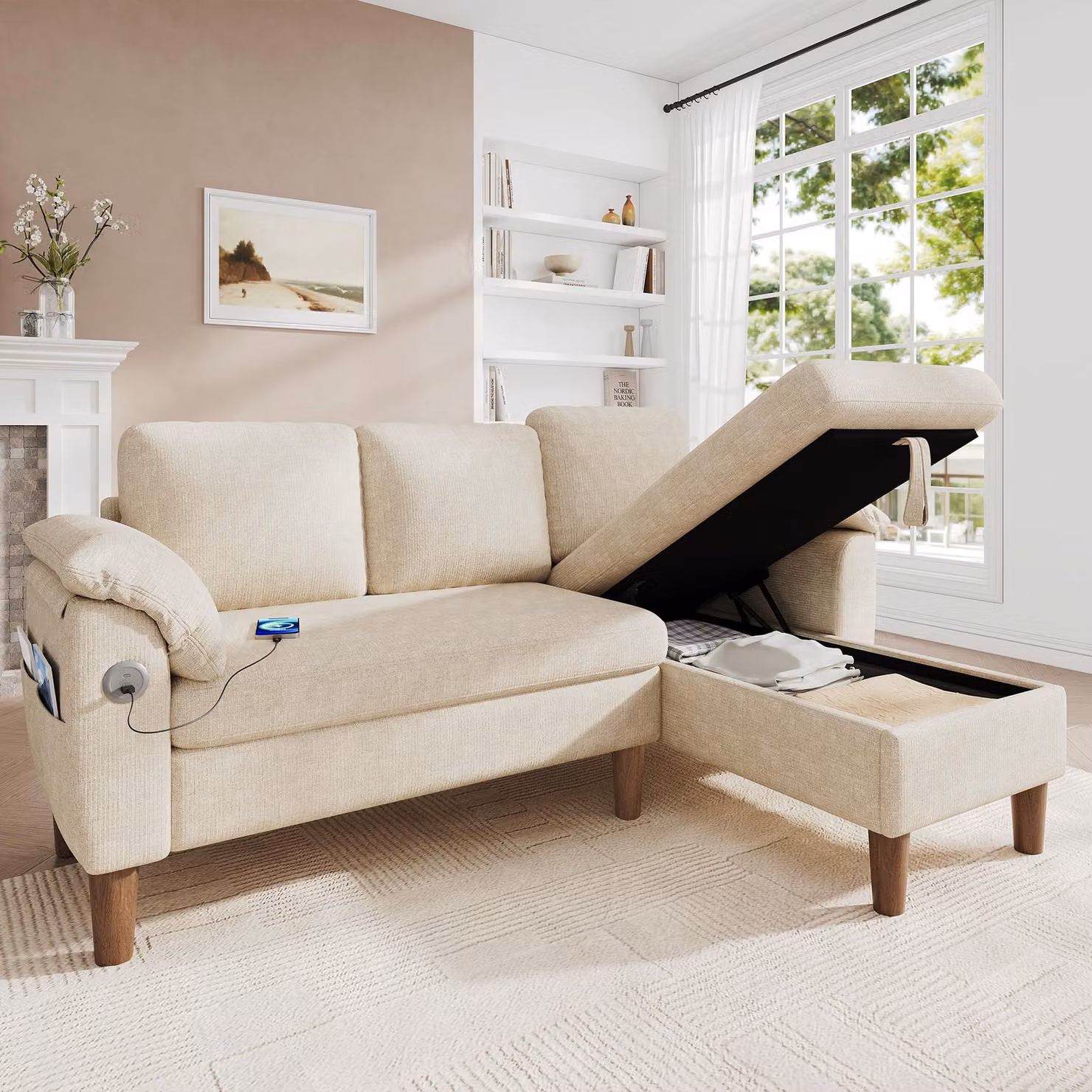 Divano angolare a forma di L Merax, divano a 3 posti con chaise longue contenitore, porta USB Type-C, tasche laterali, pouf modulare, tessuto in chenille, color beige