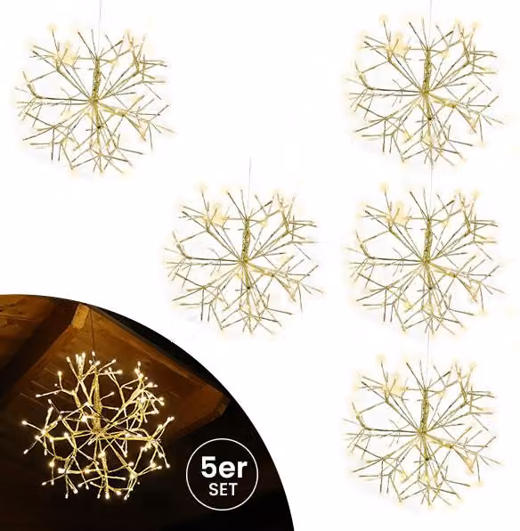 Decorazione natalizia stella d'oro 45 cm Set di 5 pezzi con 120 LED bianco caldo Funzione timer Stella di Natale a LED
