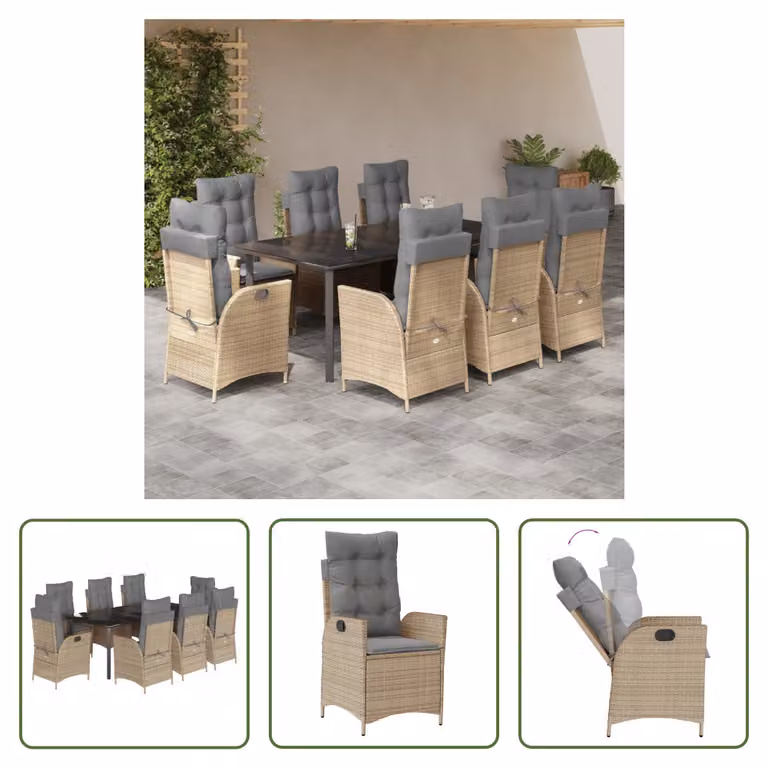 The Living Store Set da pranzo da giardino 9 pezzi con cuscini Beige poly rattan