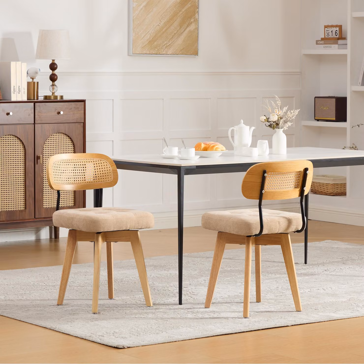 Set di 2 poltrone girevoli a 360°, con schienale in rattan, sedie da cucina con seduta imbottita in chenille, ideali per la sala da pranzo, colore kaki