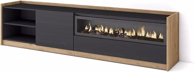 Mobile TV Soggiorno, 207x50x37 cm, Per TV fino a 80", Camino elettrico, Nero e rovere