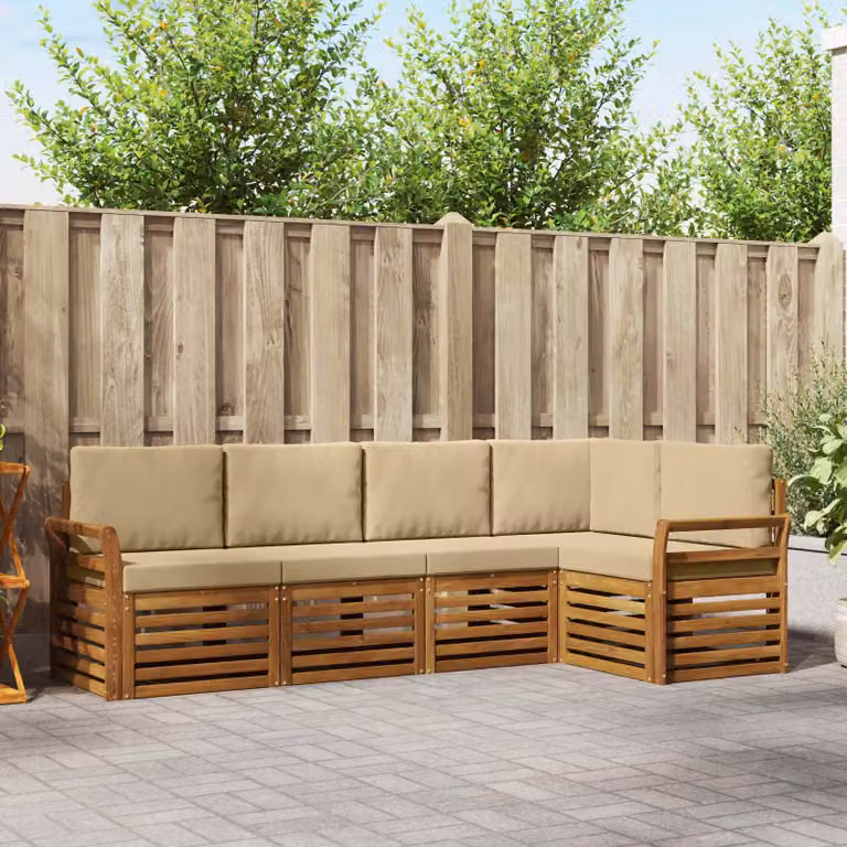 Set di divani da esterno vidaXL a forma di L in legno di acacia con cuscini beige e bianco