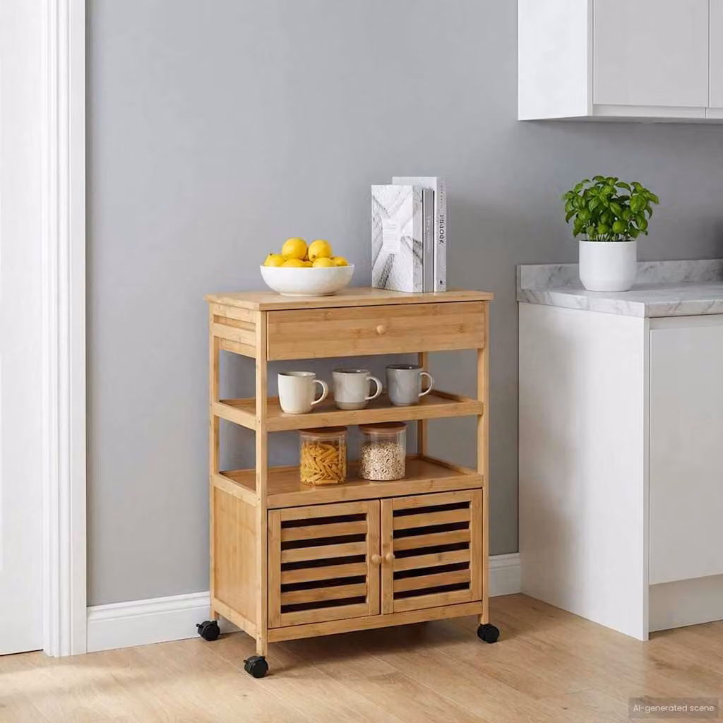 vidaXL Carrello da Cucina Moderno in Bambù Naturale con Ruote L/P/H: 59,5 x 36 x 82 cm