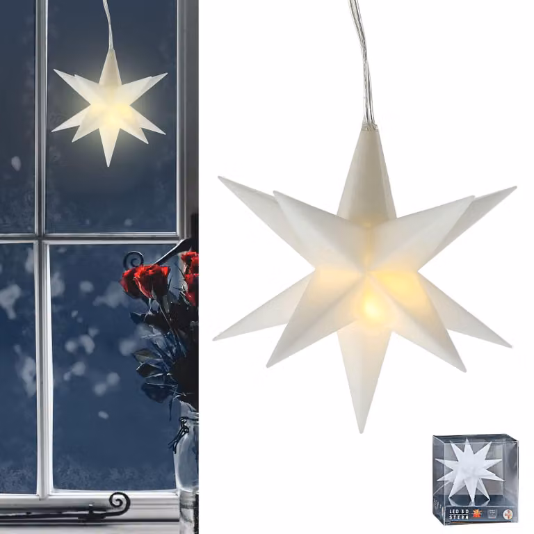 Stella di Natale LED tridimensionale, 12 punte, diametro 11 cm, con timer, luce bianco caldo