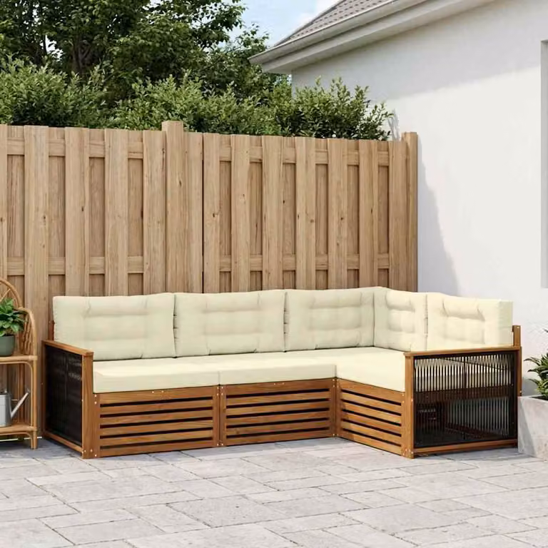 Set di divani da esterno vidaXL 4 pezzi in legno di acacia con cuscini beige e bianco per giardino e terrazza