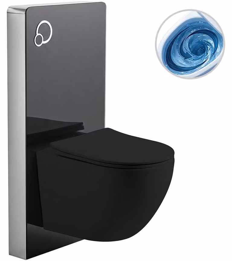 CERANO - Set completo per WC con cassetta di scarico - nero opaco + WC sospeso Cesso, Vortex Rimless + sedile Slim/UF - nero opaco - 49x36 cm