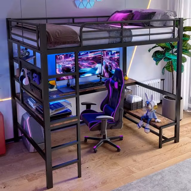 Letto a soppalco singolo OKWISH con scrivania, ripiani, illuminazione LED e porte USB e Type-C, colore nero, L/P/H: 200 x 90 x 204 cm