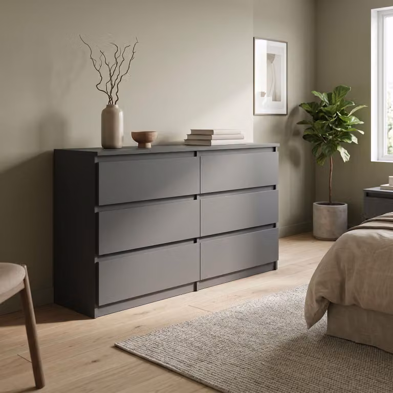 Comodà Masseno NUDO da 138,5 cm con 6 cassetti e ante, per soggiorno e camera da letto, stile moderno, 138,5 x 39 x 78,5 cm, antracite / antracite