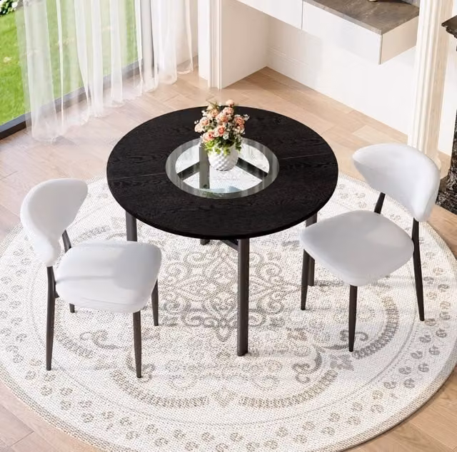 Set tavolo rotondo Ø100 cm con sedie; MDF effetto legno nero; vetro e PU bianco
