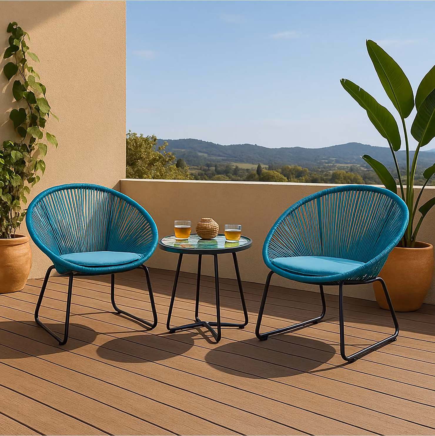 Set moderno per mobili da terrazzo, composto da 2 poltrone e un tavolo