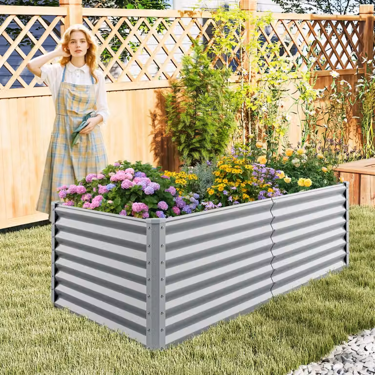 Fioriera rialzata da giardino Costway in metallo grigio con design a fondo aperto e angoli rinforzati, Altezza: 60 cm