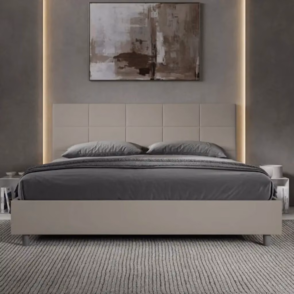 Letto matrimoniale king size Mika Ityhome con contenitore imbottito in similpelle color beige L: 180 cm, P: 210 cm, H: 230 cm – 2