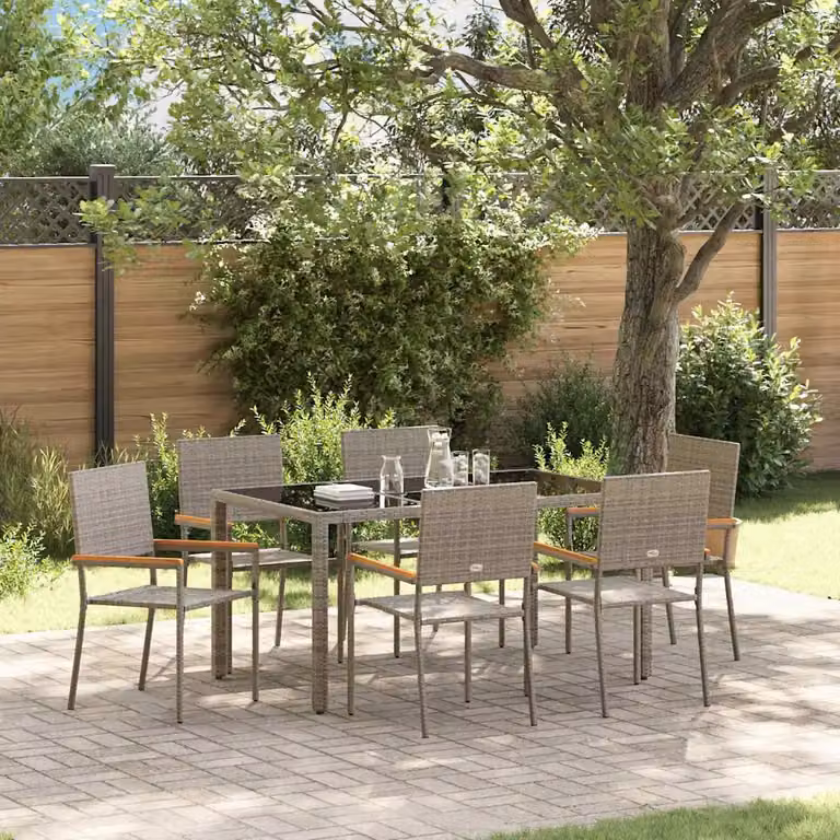 Set da pranzo per giardino e terrazzo vidaXL in polyrattan grigio e marrone con tavolo in vetro e legno di acacia, 7 pezzi