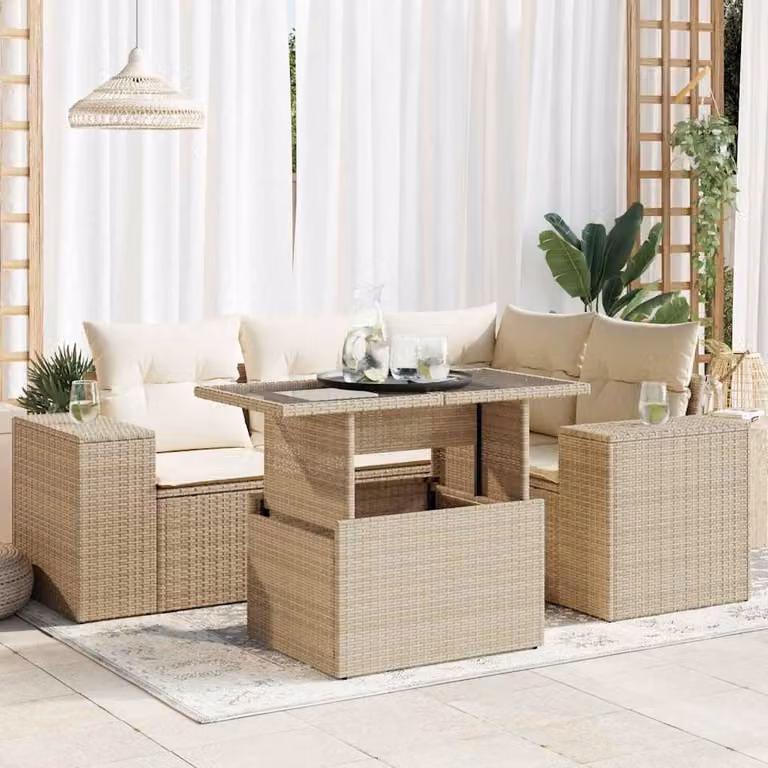 Set Divano da Giardino vidaXL 5 pz in Polyrattan Beige con Cuscini e Tavolino da Esterno