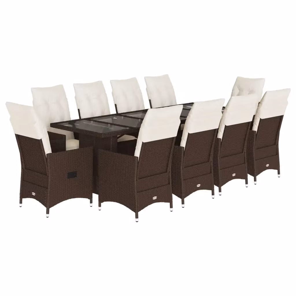 Set Bistrò da Giardino vidaXL in Polyrattan Marrone e Bianco con Cuscini e Tavolo in Vetro, 11 Pezzi – 2