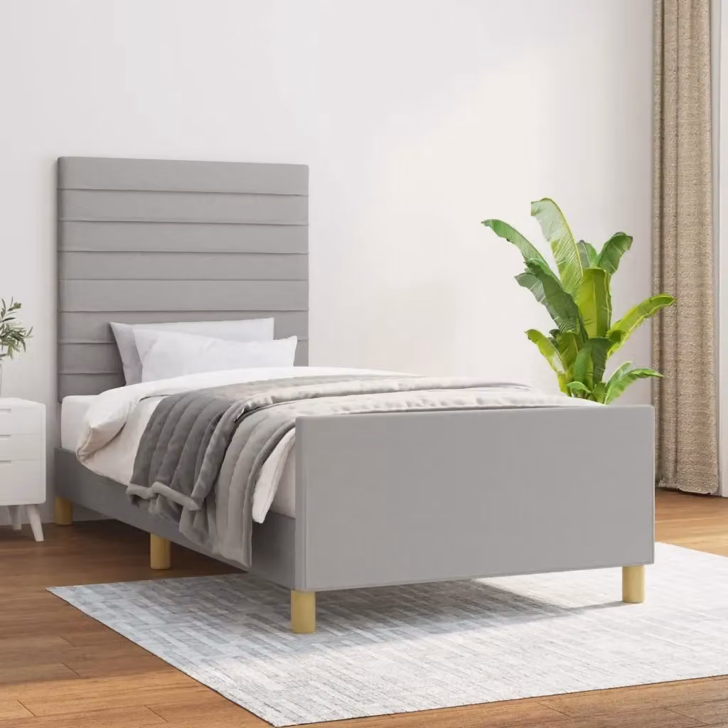 Letto singolo per adulti in tessuto grigio chiaro con struttura in legno di larice e doghe rigide L/P/H: 203 x 93 x 128 cm – 2