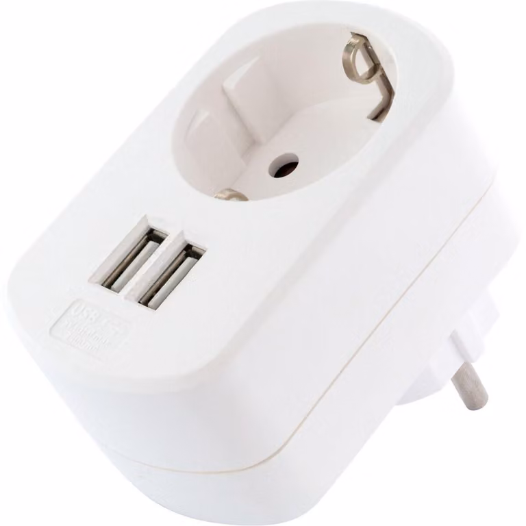 Adattatore di ricarica USB con presa di corrente, alimentatore USB a 2 porte, adattatore 230 V con presa passante
