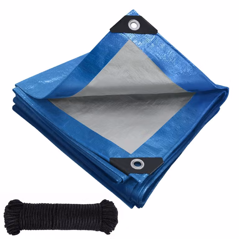 Telo di copertura impermeabile con occhielli, realizzato in tessuto PE da 120 g/m², dimensioni 6m x 8m, colore blu-argento