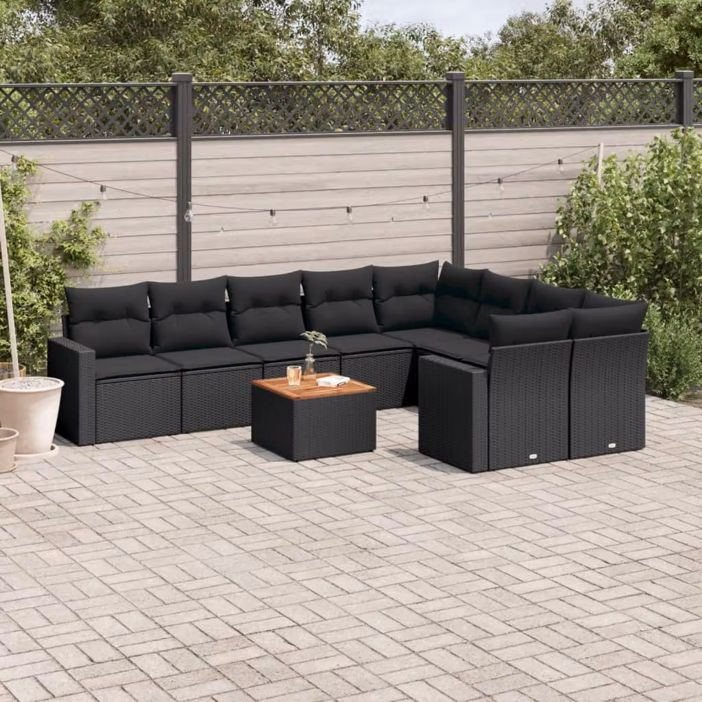 vidaXL Set Divani da Giardino 10pz in Polyrattan Nero con Cuscini Imbottiti e Tavolino da Esterno – 1
