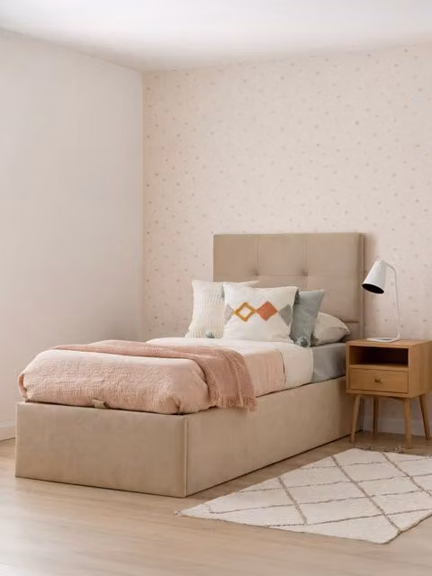 Letto contenitore Dana Kenay Home imbottito in tessuto beige L: 90 cm x P: 190 cm