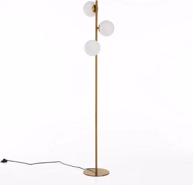 Lampada da terra ORESTELUCHETTA con 3 paralumi in vetro bianco e finitura ottone, regolabile, H 160 cm, Ø 30 cm – 1