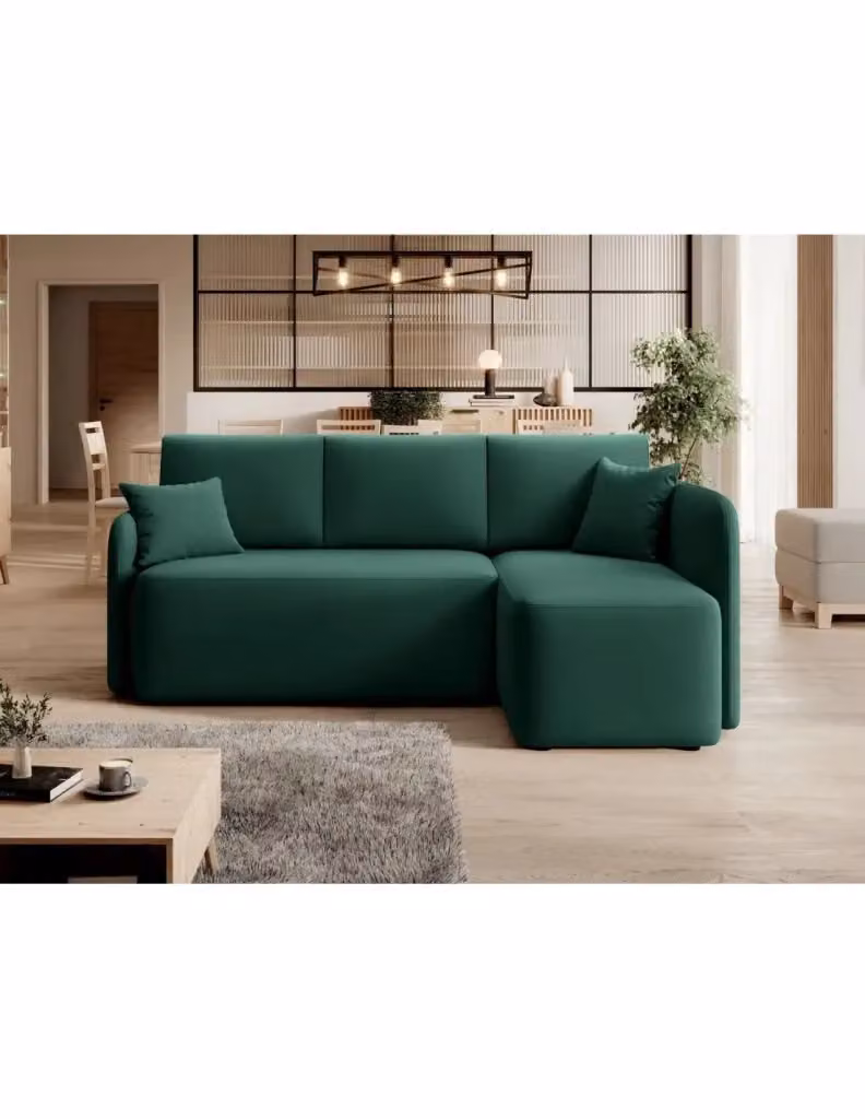 Divano ad angolo moderno MEUBLORAMA collezione HEDSON in tessuto verde, con funzione letto, poggiatesta regolabile e cuscini inclusi, L/P/H: 206 x 150 x 89 cm – 2