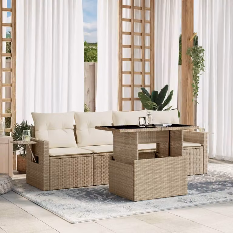 vidaXL Set Divano da Giardino 5 pz in Polyrattan con Cuscini Beige e Tavolino