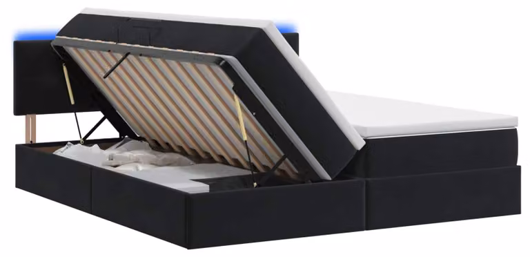 Letto contenitore con tecnologia LED e materasso, colore nero, dimensioni 200 x 200 cm, rivestito in velluto