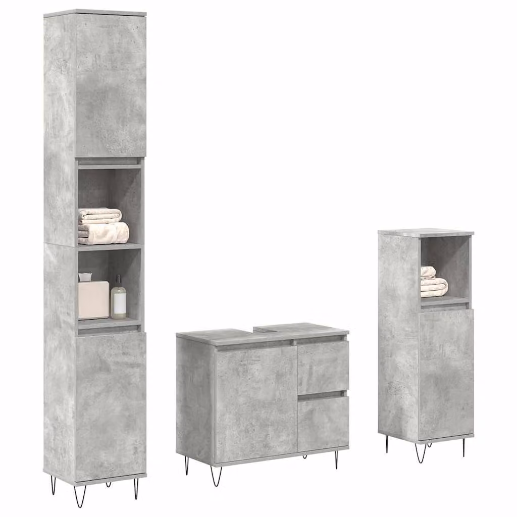 Set di mobili da bagno vidaXL 3 pezzi in legno e metallo grigio con mobile lavabo, colonna alta e mobile laterale
