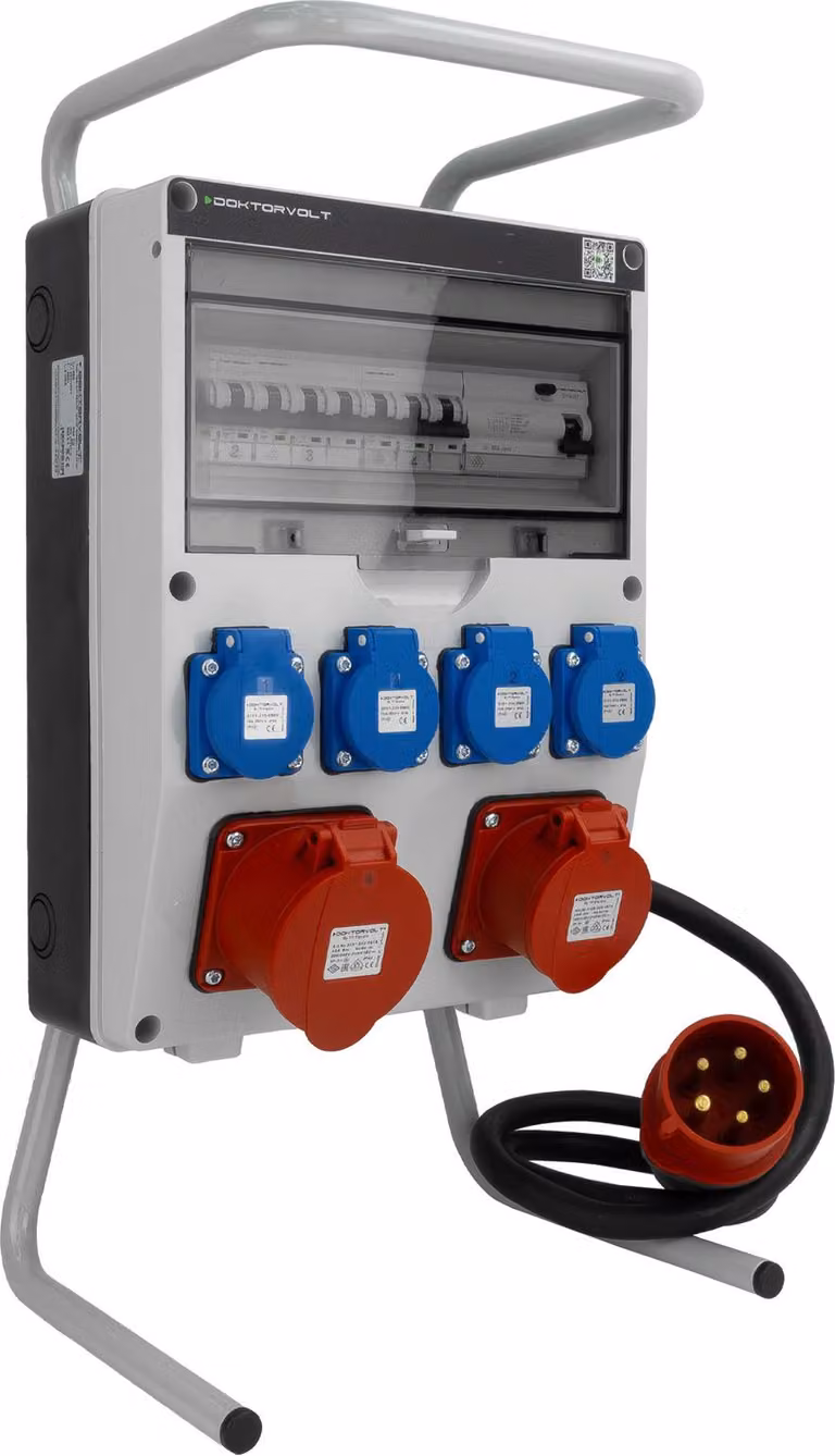 Distributore di corrente da cantiere con spina 16A 32A 4x230V su supporto Quadro di distribuzione mobile Quadro di distribuzione di corrente TGD-S/FI 32A 16A 4x230V Quadro di distribuzione di corrente a parete con fusibili VDE Doktorvolt DV-6050-D