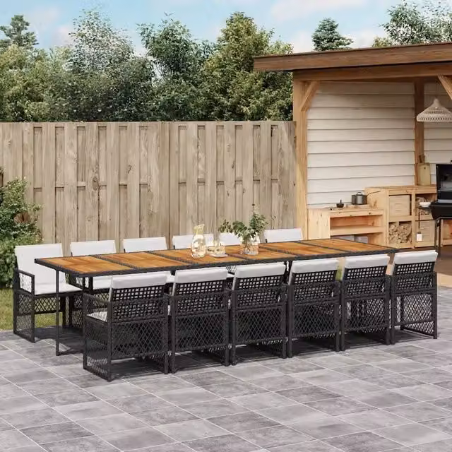 Set da pranzo da giardino vidaXL in legno di acacia e rattan nero e bianco con tavolo estensibile e 13 pezzi