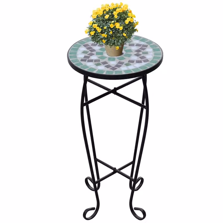 Tavolino per piante vidaXL con mosaico geometrico verde e bianco in metallo e ceramica, L/P/H: 60 x 30 x 30 cm