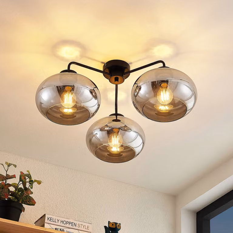 Plafoniera soffitto Navidia Lindby, dimmerabile, Nero, Soggiorno / Sala da pranzo, Metallo, Moderno, Plafoniera