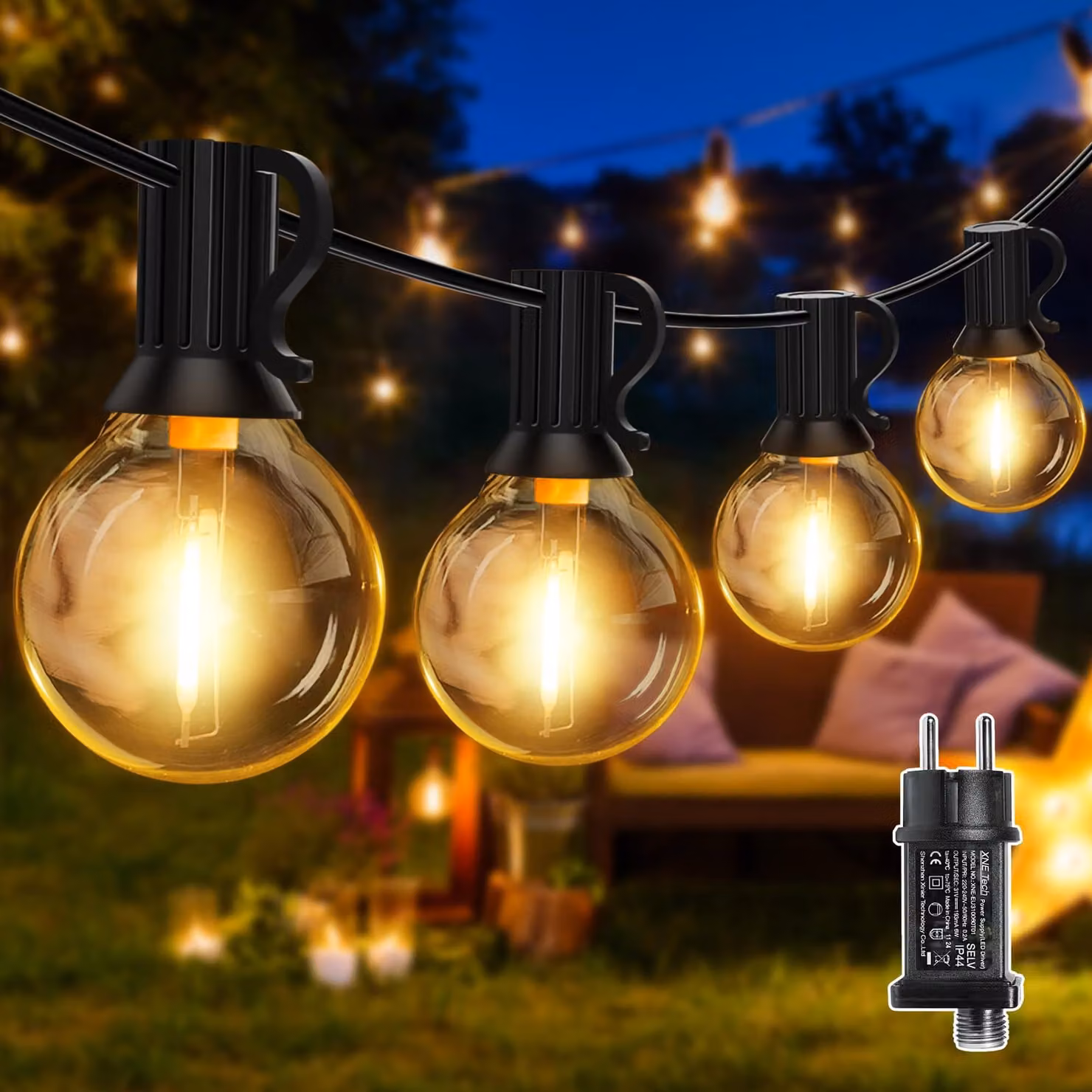 Catena luminosa a LED, lunghezza 5 metri, 13+1 lampadine G40, luce bianco caldo, grado di protezione IP44